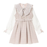 リボン襟風レースビジューツイードワンピース