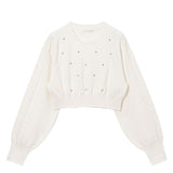 ラインストーンドットショートニットトップス