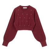 ラインストーンドットショートニットトップス