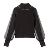 袖チュールラウンドビジューハイネックニットトップス【大きいサイズ有】