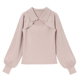 デコルテオープンパール衿ニットトップス