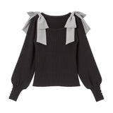 肩リボンガーリーニットトップス