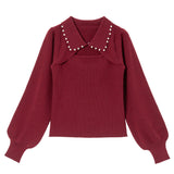 デコルテオープンパール衿ニットトップス