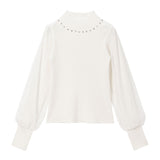 袖チュールラウンドビジューハイネックニットトップス