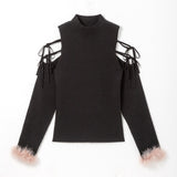 【まとめ買い対象】ショルダーリボンハイネックリブニット