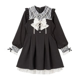 レース重ねパールリボンお嬢様ワンピース