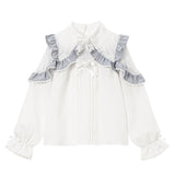 レースフリルポンポンリボンブラウス