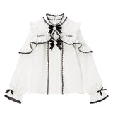 レースフリルポンポンリボンブラウス