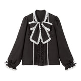 レースフリルたっぷり上品ボウタイリボンブラウス