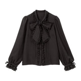 レースフリルたっぷり上品ボウタイリボンブラウス