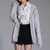 Vネックフリンジ破れ加工オーバーサイズニットカーディガン