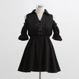 バストレースアップフレア袖フレアミニワンピース