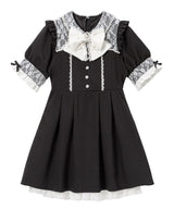 レース重ねパールリボンお嬢様ワンピース