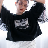 デザインプリントチュールスリーブTシャツ