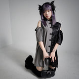 チャイナカラードラゴン柄配色半袖シャツ