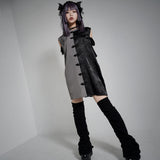 チャイナカラードラゴン柄配色半袖シャツ