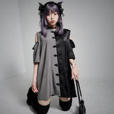 チャイナカラードラゴン柄配色半袖シャツ