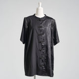 チャイナカラードラゴン柄配色半袖シャツ