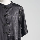 チャイナカラードラゴン柄配色半袖シャツ