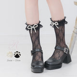 パールリボン付きリボン柄レースソックス