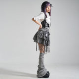 ドクロモチーフピン付蜘蛛の巣チュールギンガムチェックスカート