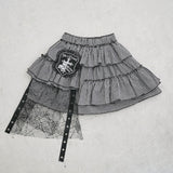 ドクロモチーフピン付蜘蛛の巣チュールギンガムチェックスカート