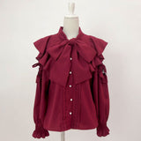 【新春セール】ショルダーレースフリルリボンブラウス【大きいサイズ有】