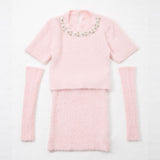 【新春セール】アームウォーマー付ビジューシャギーミニスカートセットアップ3点セット【ニット】