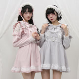 ハートボタンパールチェーンレースフリルワンピース