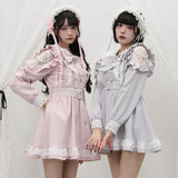 ハートボタンパールチェーンレースフリルワンピース