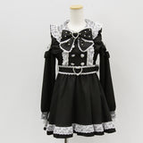 ハートボタンパールチェーンレースフリルワンピース