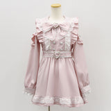 ハートボタンパールチェーンレースフリルワンピース