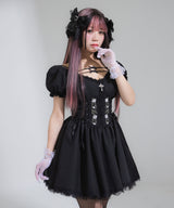 【まとめ買い対象】薔薇刺繍細見えレースアップミニワンピース