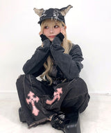 ピアス付ダメージ加工ネコキャップ帽子