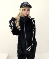 ビジューラインスタンドカラーベロアジャージパーカー【セットアップ可】