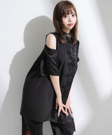 肩開きジップ2wayドラゴン柄配色チャイナブラウス/ワンピース