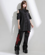 肩開きジップ2wayドラゴン柄配色チャイナブラウス/ワンピース