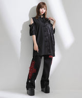 肩開きジップ2wayドラゴン柄配色チャイナブラウス/ワンピース