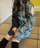 肩開きジップ2wayドラゴン柄配色チャイナブラウス/ワンピース