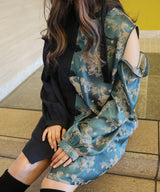 肩開きジップ2wayドラゴン柄配色チャイナブラウス/ワンピース