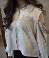 肩ジップ2wayドラゴン柄配色シャツブラウス