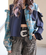肩ジップ2wayドラゴン柄配色シャツブラウス