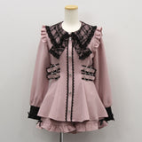 レースリボン襟フリルウエストハートバックルセットアップ