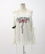 オフショル骨ロゴリブニットソートップス【大きいサイズ有】