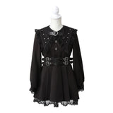 クモレース角襟ベルトレースアップワンピース