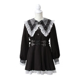 クモレース角襟ベルトレースアップワンピース