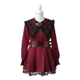 クモレース角襟ベルトレースアップワンピース