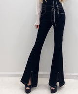 レースアップ美脚ストレッチフレアデニムパンツ