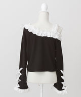 ワンショルダーハートレースフリルTシャツ