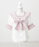 シアーギンガムフリルレースリボンセーラーブラウス